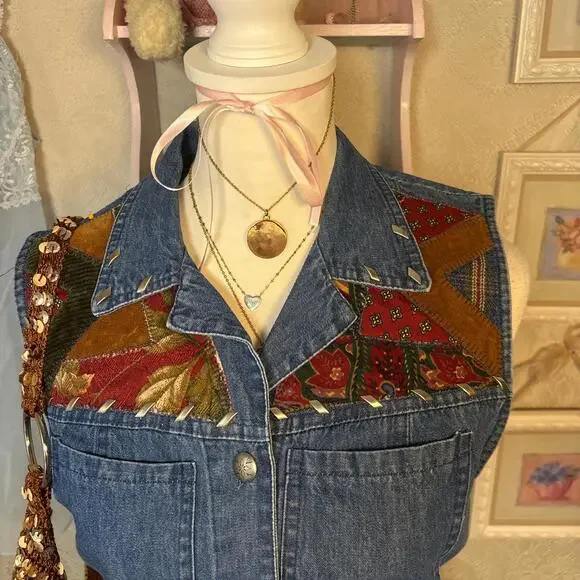 vintage denim embroidered button up vest - Picture 4 of 5